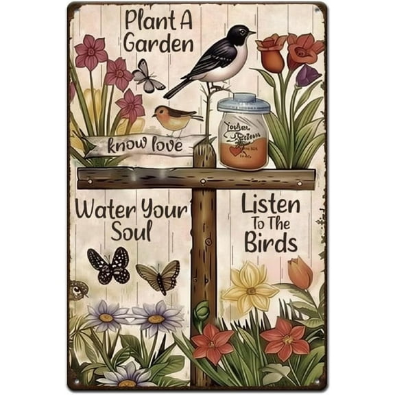 Flower Bird Tin Sign Plant a Garden Metal Tin Signs Water Your Soul Listen to the Birds Metal Plaque Inspirational Qutoes Wall Art Poster DIY