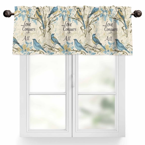 Flower Bird Valances for Windows, 54 x 18in, Vintage Floral Blue Flower Watercolor Rod Pocket Kitchen Valance Curtain Light Filtering Window Treatments for Living Room Bedroom, 1 Panel