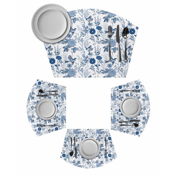 Flower Bird Wedge Shaped Placemats Set of 6, Cotton Linen Fan Place Mats, Vintage Blue Garden Country Wildflower Washable Table Mats for Holiday Wedding Party Dinning Coffee Tables 11.8"x17.5"