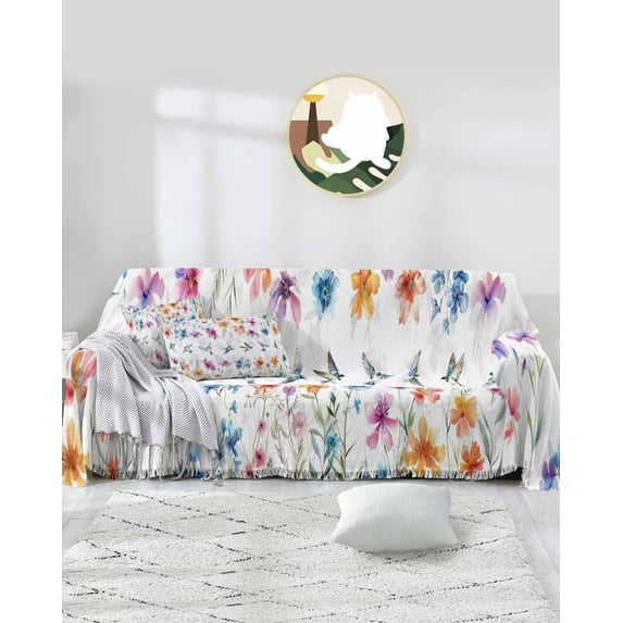 Flower Birds Sofa Couch Covers for 3 Cushion Couch,Washable L Shape Sectional Sofa Covers for Loverseat/Pet/Kid,Spring Summer Watercolor Colorful Floral Slipcover Throw Blanket Futon Cover 71x134
