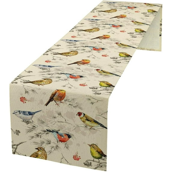 Flower Birds Table Runner Nature Themed Winter Birds on Branches,Watercolor Pine Tree Tabletop Setting Decor for Party Dining Room Kitchen Decoration 13x72 Inch