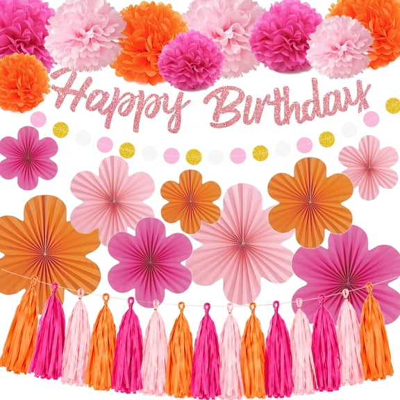 Flower Birthday Decorations, Pink Happy Birthday Banner Paper Fan Tassel and Tissue Pom Poms for Women, Orange Floral Themed Girls Party Supplies, Boho Garland Photo Background Backdrop