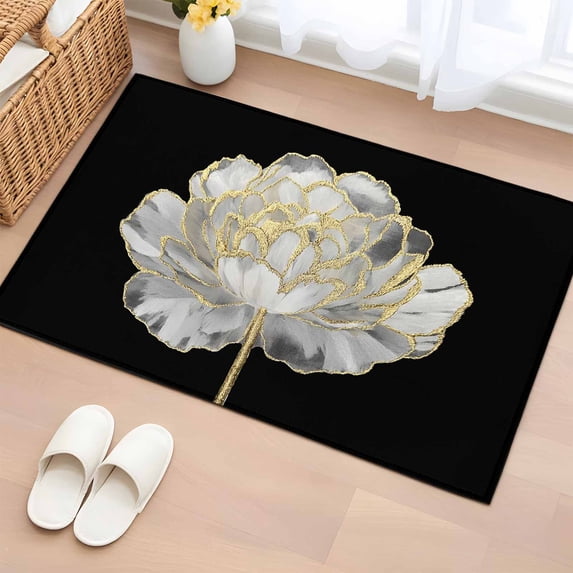 Flower Black Bathroom Mats 2x3 FT, Non Slip Small Kitchen Mat, Gold White Abstract Floral Aesthetic Washable Soft Backed Front Door Throw Rugs Non-Shedding Indoor Outdoor Doormat for Entryway Sink