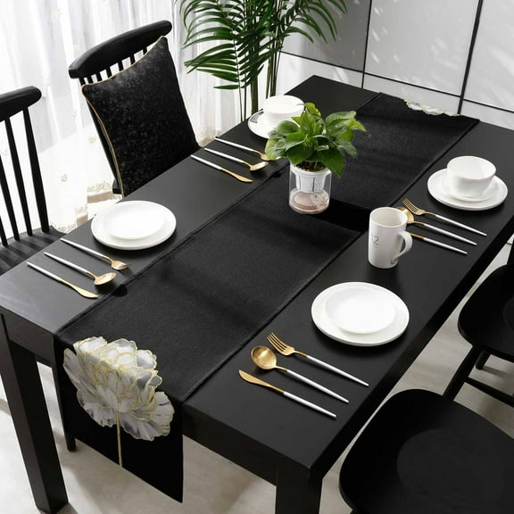 Flower Black Cotton Linen Table Runner 13 x 72 inch Gold White Abstract Floral Aesthetic Non-slip Rectangular Dining Table Decor for Wedding Party Holiday Dinner