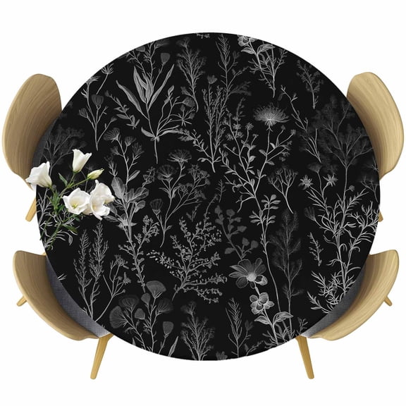 Flower Black Round Tablecloth 36-44 Inch Round Fitted Table Cloth with Elastic Edge, Fall Winter Floral Leaves Spring Botanical Waterproof Table Cover Protector for Outdoor Picnic Party Dining