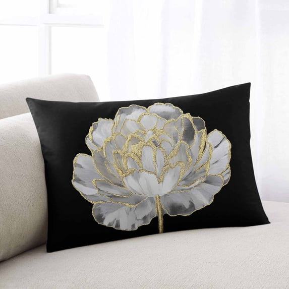 Flower Black Standard Size Pillow Cover, Pillowcase Protectors with Zipper, Breathable Decorative Throw Pillow Case Cover, Gold White Abstract Floral Aesthetic Pillow Shams for Couch Sofa 20x26Inch