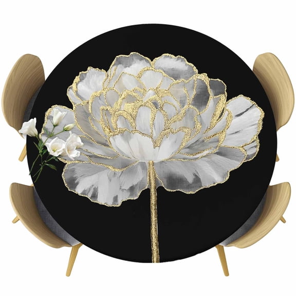 Flower Black Table Cloth, Round Fitted Tablecloths with Elastic Edge, Gold White Abstract Floral Aesthetic Wipeable Waterproof Table Cover for Kitchen Wedding 36-44 Inches