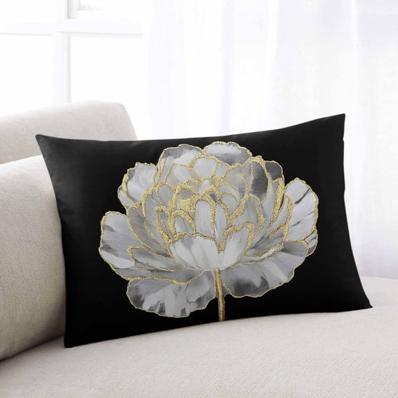 Flower Black Throw Pillow Covers, Gold White Abstract Floral Aesthetic Soft Breathable Pillow Cases with Invisible Zipper for Sleeping, Toddler Pillowcases for Couch Bed Sofa Chair 12x20 Inches
