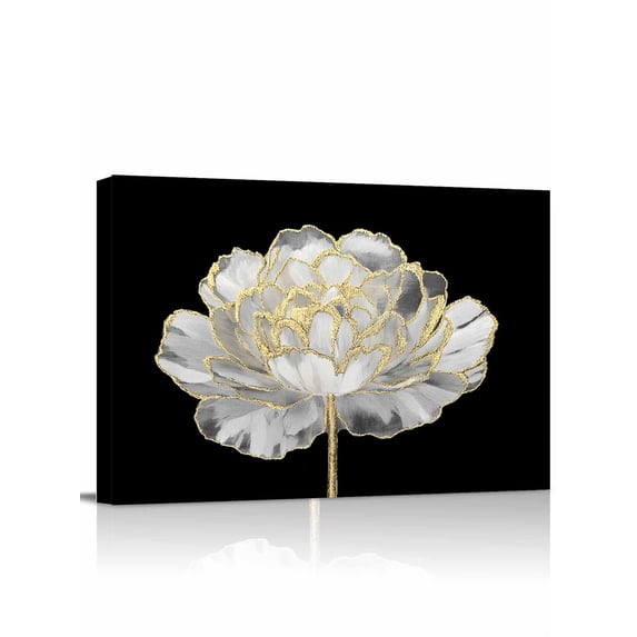 Flower Black Wall Art for Living Room,Canvas Picture Wall Decor for Bathroom Bedroom,Gold White Abstract Floral Aesthetic Painting Artwork for Office Kitchen Hallway Dining Room Home Decor 12"x16"