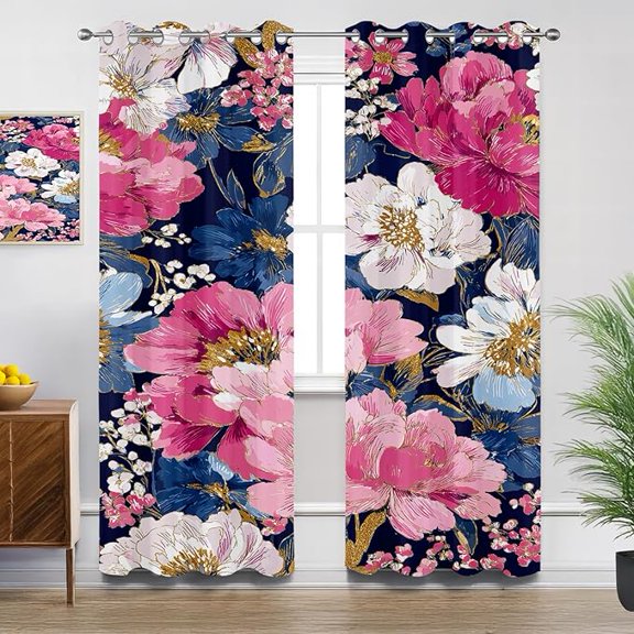 Flower Blackout Curtains Set, Retro Chic Oriental Luxury Floral Curtains for Bedroom Living Room, Room Darkening Thermal Insulated Grommet Drapes, Window Treatments 26"W x 45"L (Pack of 2)