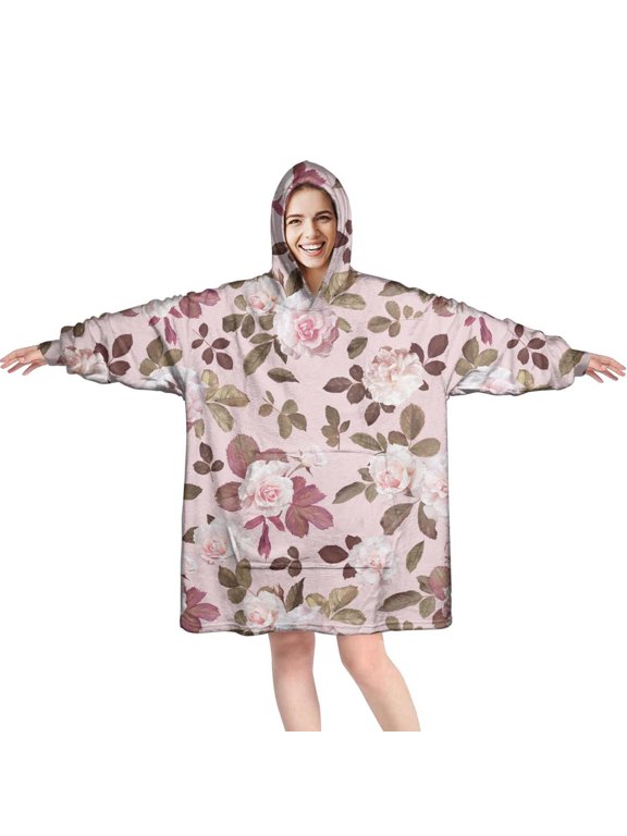 Flower Blanket Hoodie Wearable Blanket Hoodie for Adults Sherpa All Patterns Oversized Sweatshirt Blanket with Pockets