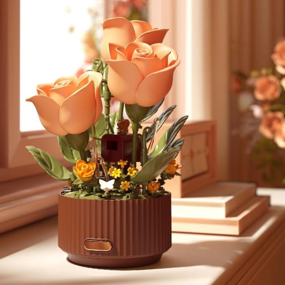 Flower Blocks set with Remote Control Spray-Bottle, 255 PCS,Original Music Motorized Roses Automatic Blooming Bouquet