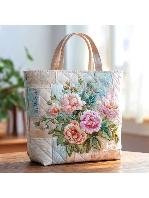 Flower Bloom Quilted Tote Bag, Botanical Shoulder Carryall, Casual Shopping Tote, Floral Gift for Her