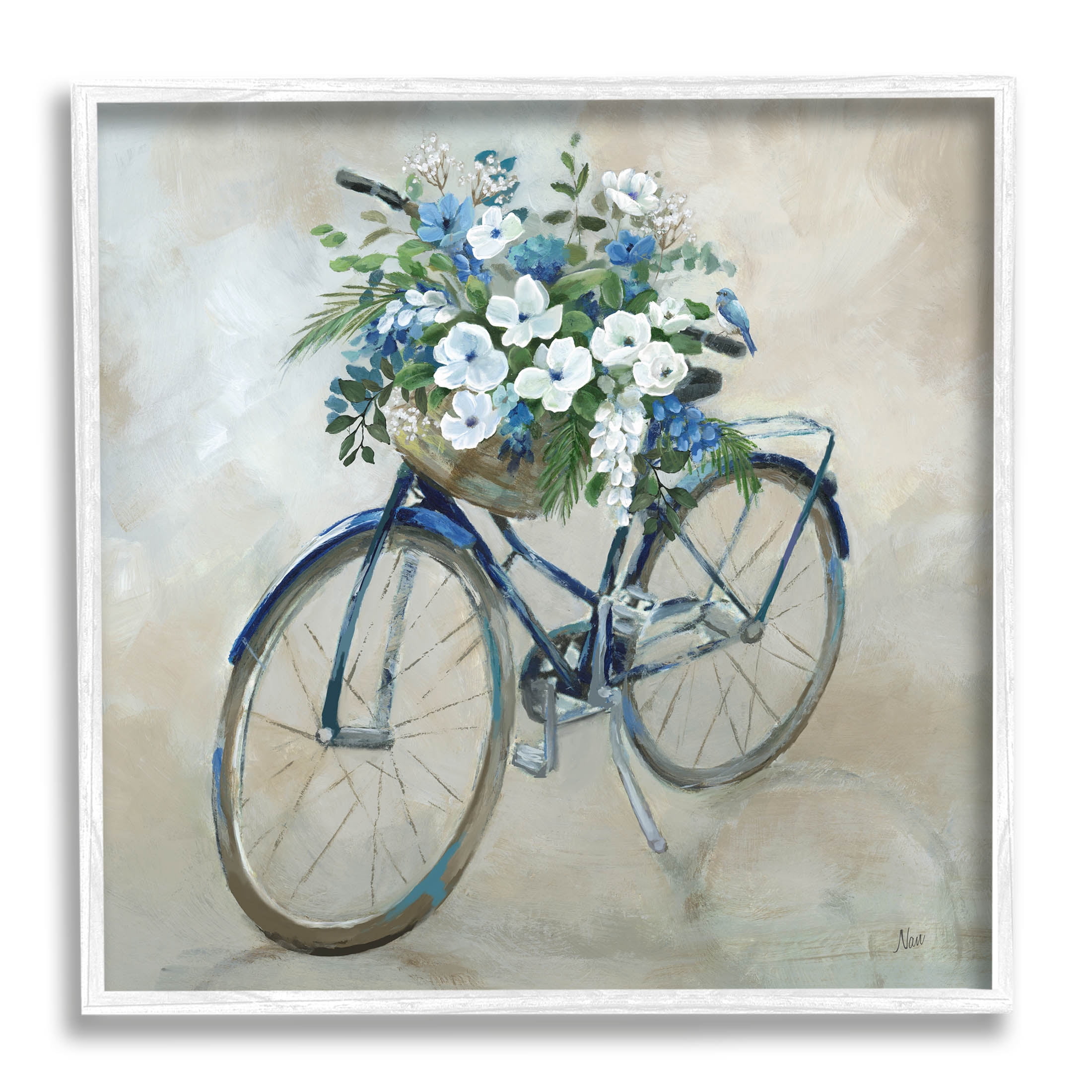 Flower Blooms Bicycle Basket Botanical & Floral Graphic Art White Framed Art Print Wall Art