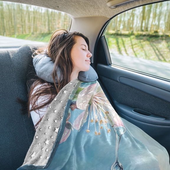 Flower Blossom Drop Travel Blanket Pillow Compact Foldable Airplane Throw Blanket with Trolley Sleeve for Travel Camping