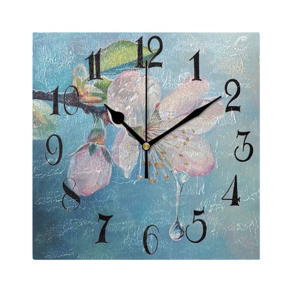 Flower Blossom Drop Wall Clock Decorative Square Silent Non-Ticking Operated Clocks Aesthetic for Bedroom Living Room