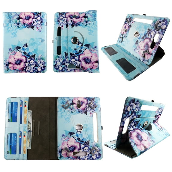 Flower on Blue For All Android tablets 8-inch Tablet Case Universal Cases 360 Rotating Folio Stand Protector Pu Leather Cover Travel e-reader Card Cash Slots Multiple Viewing Angles