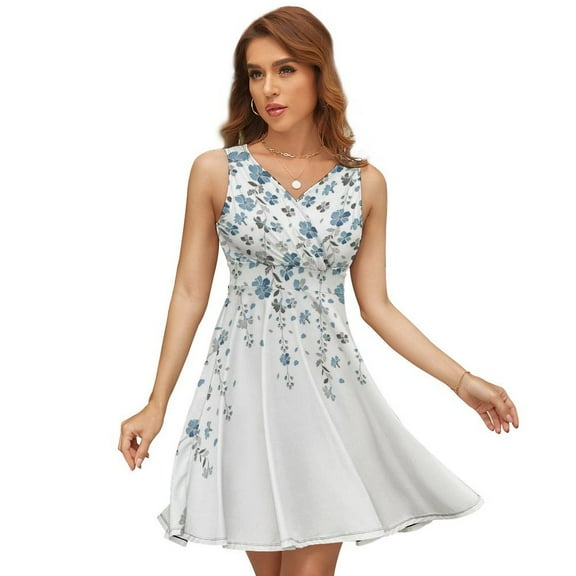 Flower Blue Grey Cherry Blossoms Dress Summer Street Style Dresses Female Sleeveless Printed Sundress