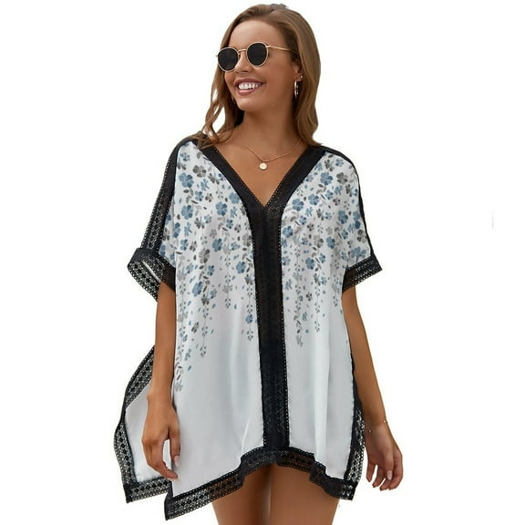 Flower Blue Grey Cherry Blossoms Printed Women's Swimsuit Cover Up Summer Swimsuit Dress