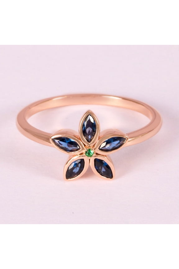 Flower Blue Sapphire Bridal Ring, 925 Starling Silver Wedding Ring, Marquise Sapphire and Solid White Plated Handmade Ring, Emerald Stacking Ring for Woman