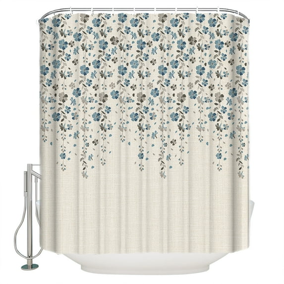 Flower Blue Shower Curtain, 36" x 72", Grey Cherry Blossoms Cotton Linen Background Waterproof Bathroom Curtain Washable Shower Curtain Set with 12 Hooks