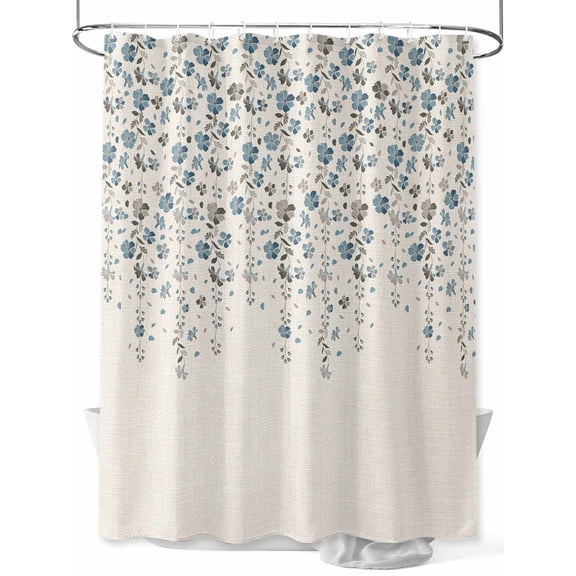 Flower Blue Shower Curtain, Grey Cherry Blossoms Cotton Linen Background Waterproof Shower Curtain Set with 12 Hooks Lightweight Washable Fabric Shower Curtains for Bathroom 36x72 Inches