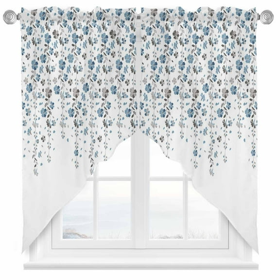 Flower Blue Swag Valances for Windows 2 Pack Grey Cherry Blossoms White Background Swag Kitchen Curtains 36 Inches Long Rod Pocket Short Window Treatment for Kitchen Bathroom 28"x36"