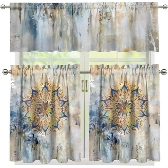 Flower Blue Tie-dye 3 Piece Kitchen Window Curtain Panel Tiers and Valance Set Tier Curtains Cafe Curtains Kitchen Curtain Combo for Living Room Bedroom Bathroom Farmhouse