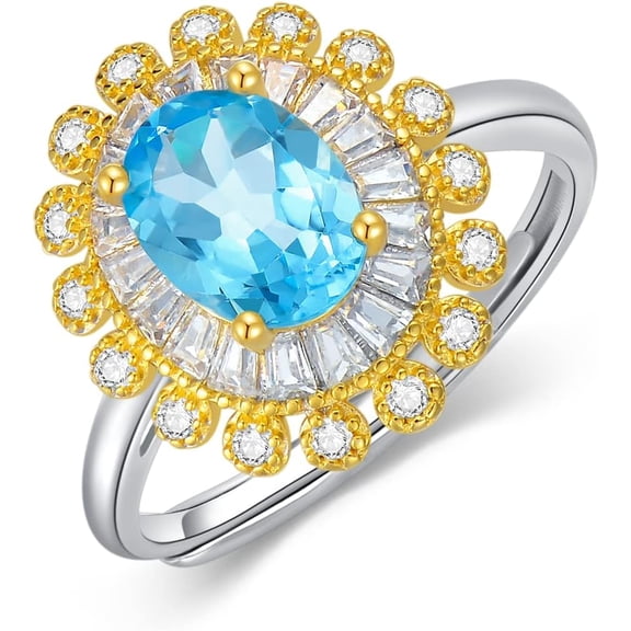 Flower Blue Topaz Ring November Birthstone Adjustable Open Rings with Cubic Zirconia 925 Sterling Silver Jewelry Engagement Wedding Band Anniversary Birthday Gifts for Women Size 5