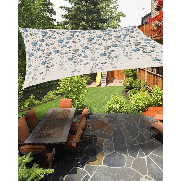 Flower Blue Waterproof Sun Shade Sail Grey Cherry Blossoms Cotton Linen Background Outdoor Patio Sun Shades Canopy UV Block Waterproof Sunshade for Garden Backyard Deck Pergola 8x10 Ft