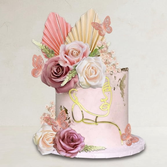Flower Boho Cake Toppers Butterfly Cake Dcor Acrylic Minimalist Art Lady Face Cake Toppers with Palm Leaves Artificial Vintage Purple Pink Flowers for Birthday Wedding Party Supplies