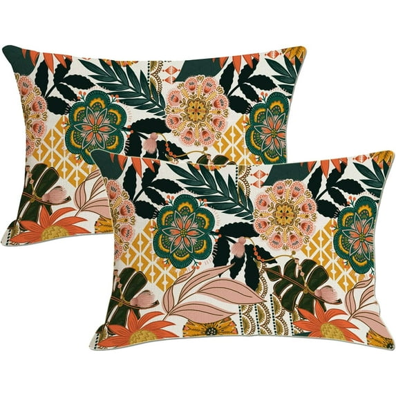 Flower Boho Outdoor Lumbar Pillow Covers 12x20 Waterproof Set of 2 Bohemian Blooming Floral Tropical Leaves Pattern Patio Throw Pillow Covers for Porch Balcony Garden