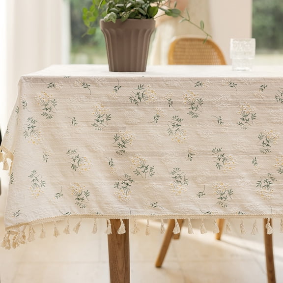 Flower Boho Tablecloth Rectangle, Linen Cotton Farmhouse Table Cloths with Tassel for Picnic Camping Dining, White