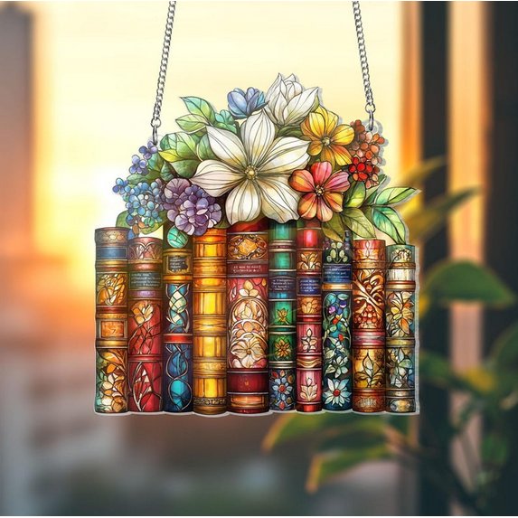 Flower Book Acrylic Suncatcher, Book Lover Window Hanging