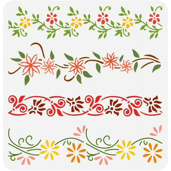 Flower Border Painting Stencil 11.8x11.8inch Reusable 4 Styles Vine Floral Border Drawing Template Plant Border Pattern Decoration Stencil for Painting on Wood Wall Furniture colorful
