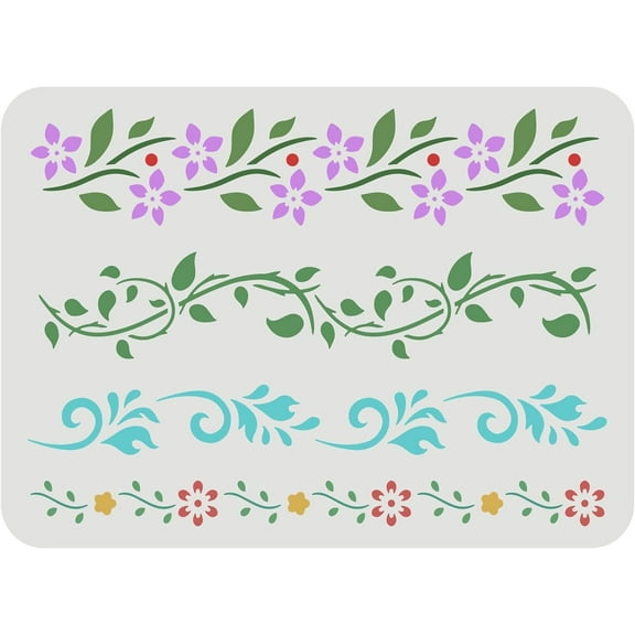 Flower Border Stencil (4 Styles) 11.7x8.3in Reusable Flower Vine Pattern Stencil DIY