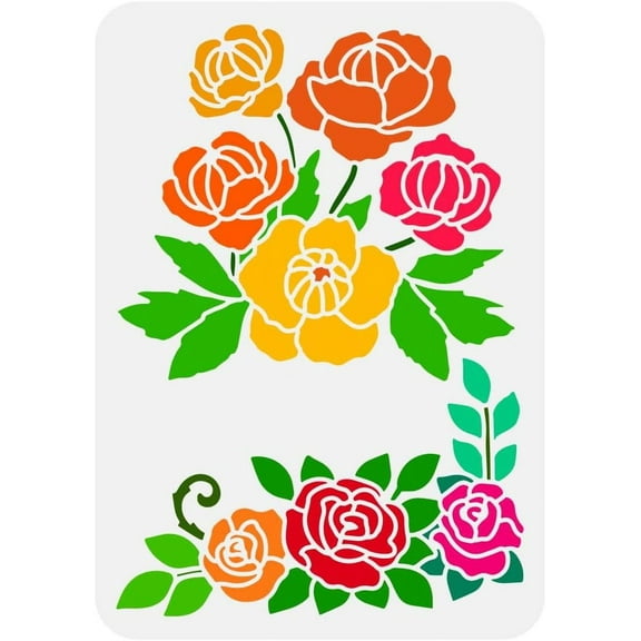 Flower Border Stencil for Painting 8.3x11.7inch Hollowed Corner Flowers Drawing Template Roses Chrysanthemums Painting Stencil Flowers Leaves Stencil Plant Theme Template for DIY White