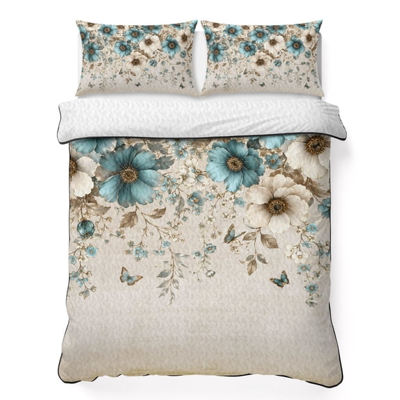 Flower Botanical 3 Piece Quilt Bedding Set with 2 Pillow Shams, Teal Beige Blue Butterfly Leaf Rustic Shabby Chic Lightweight Bedspread Coverlet, Soft Breathable All Season Quilt, 96 x 106 Inch