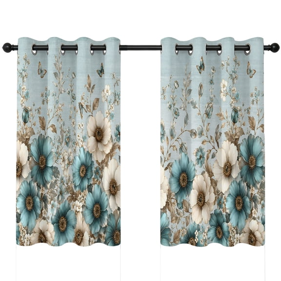 Flower Botanical Blackout Curtains 45 Inches Long, Teal Beige Floral Blue Butterfly Leaf Shabby Chic Thermal Insulated Room Darkening Drapes with Grommets for Living Room 42"W x 45"L, 2 Panels