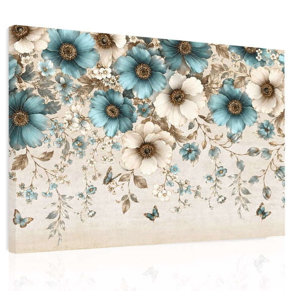 Flower Botanical Canvas Print Wall Art, Teal Beige Blue Butterfly Leaf Rustic Shabby Chic Wall Decor Framed Artwork Paintings Pictures for Living Room Bedroom Stretched Ready to Hang, 20" x 24"