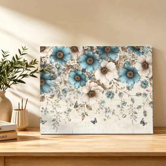 Flower Botanical Canvas Wall Art, Teal Beige Blue Butterfly Leaf Romantic Script Wall Art Prints Artwork Framed Canvas Ready to Hang Art Pictures for Bathroom, Dressing Table, Entryway 12" x 8"
