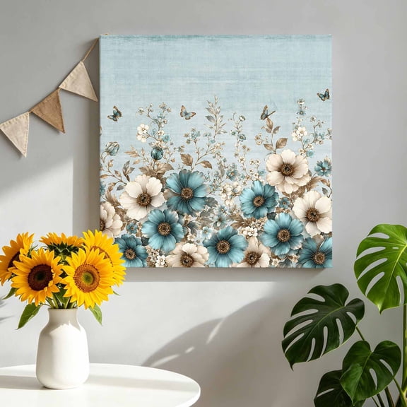 Flower Botanical Canvas Wall Art, Teal Beige Floral Blue Butterfly Leaf Shabby Chic Pictures Wall Decor Wooden Framed Artwork Art Prints for Living Room Hallway Bedroom Office 8"x8"