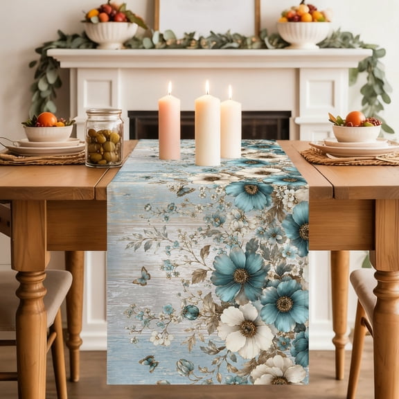 Flower Botanical Dining Table Runner, Teal Beige Floral Blue Butterfly Leaf Farmhouse Washable Table Runners Kitchen Coffee Table Center Decor for Home Party Holiday Wedding 13 x 36 Inches