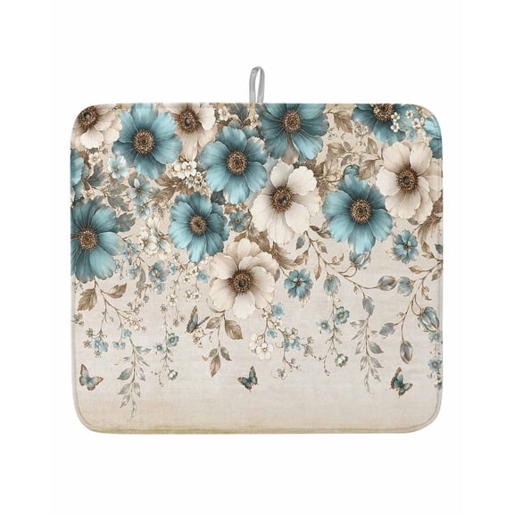Flower Botanical Dish Drying Mat 16x18 inch Teal Beige Blue Butterfly Leaf Rustic Shabby Chic Super Absorbent Microfiber Dish Drying Pad for Kitchen Countertops Sink Dish Drainer Racks 1 Pack