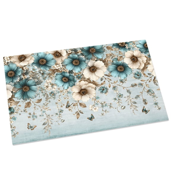 Flower Botanical Door Mat 16x24 Inch Teal Beige Blue Butterfly Leaf Rustic French Country Entryway Rug with Non-Slip Rubber, Front Door Mat Indoor Floor Mats for Living Room Bathroom Bedroom