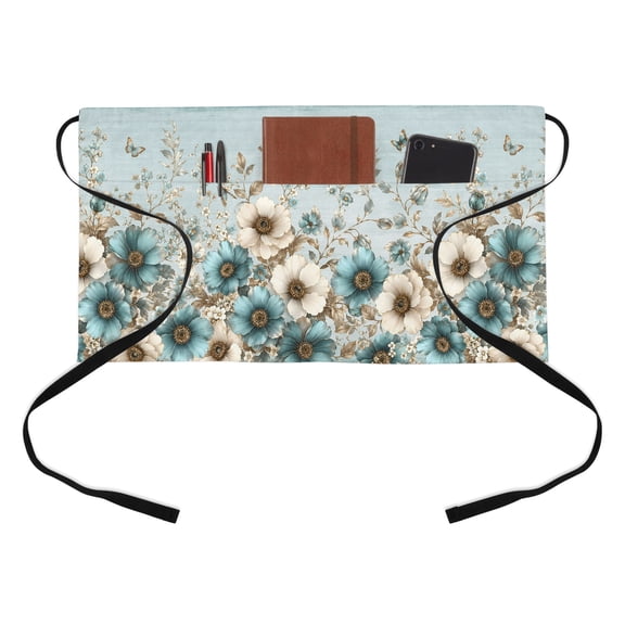 Flower Botanical Kitchen Restaurant Half Waist Apron, Teal Beige Floral Blue Butterfly Leaf Shabby Chic Server Short Apron with 3 Pockets Waterproof Oil Waist Aprons for Women Waitress Waiter