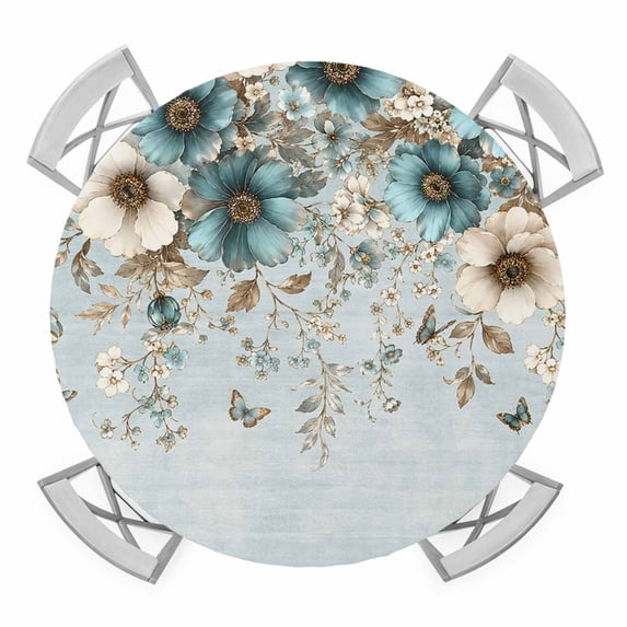 Flower Botanical Round Table Cover, Teal Beige Blue Butterfly Leaf Rustic French Country Waterproof Fitted Tablecloths for 36"-44" Tables, Washable Picnic Table Cover for Yard Dining Indoor Outdoor