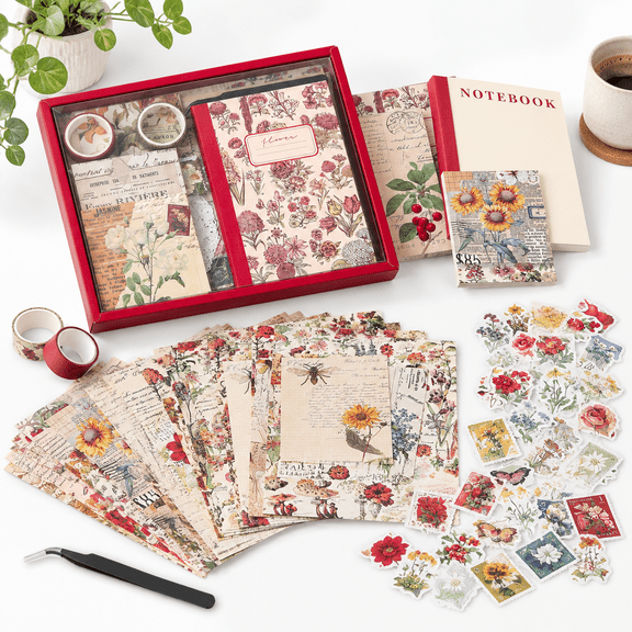 Flower Botanical Scrapbooking Supplies Kit with A6 Grid Notebook and Tweezers