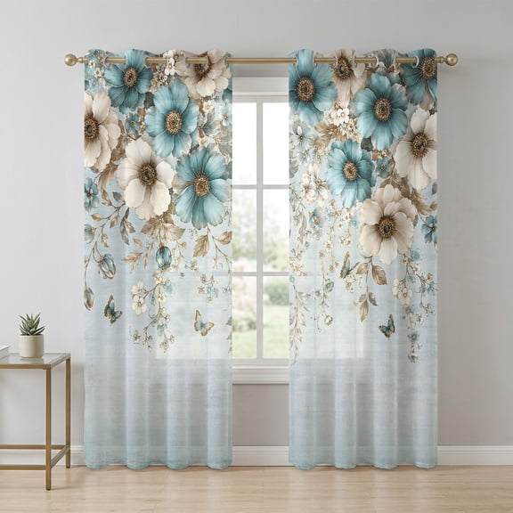 Flower Botanical Sheer Curtains 63 Inch Long 2 Panels, Teal Beige Blue Butterfly Leaf Rustic French Country Light Filtering Semi Sheer Drapes Grommet Voile Window Curtain for Living Bedroom W52 x L63