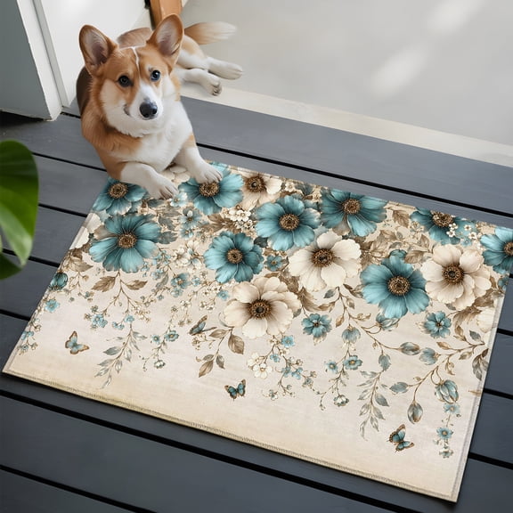 Flower Botanical Washable Entry Rug 2x3 Teal Beige Blue Butterfly Leaf Rustic Shabby Chic Low Pile Indoor Door Mat with Rubber Backing Thin Area Rug for for Entrance, Bedroom, Kitchen, Laundry